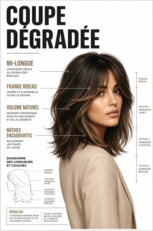 Moderne coupe femme mi long dégradé avec mèches encadrantes et frange rideau