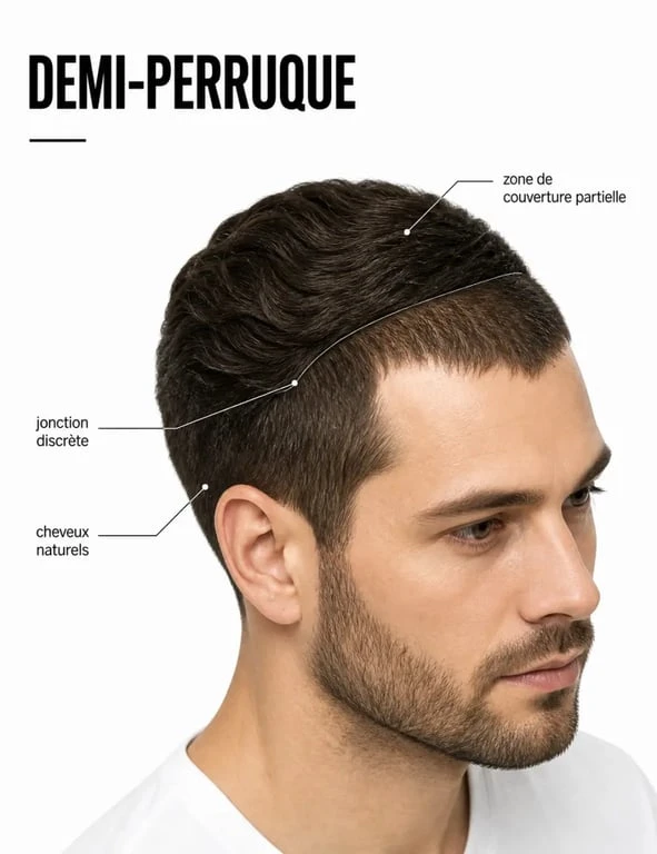 Demi perruque posée de façon discrète avec zone de couverture partielle visible