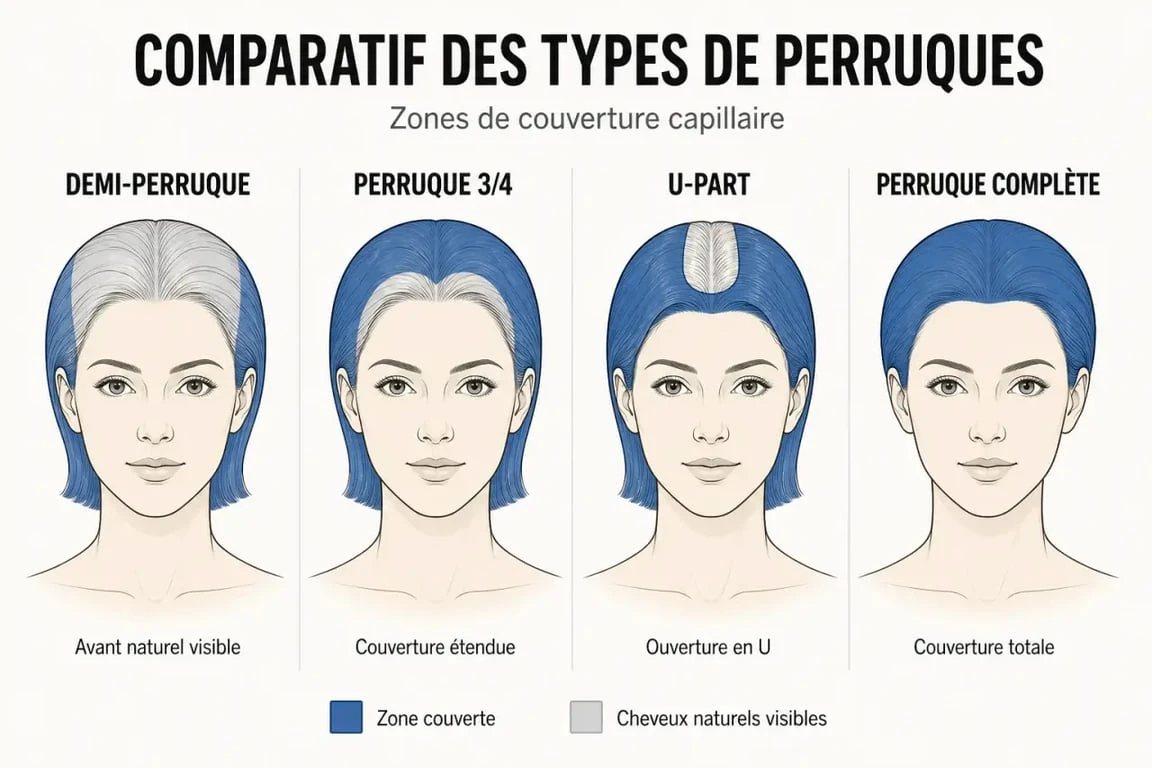 Comparatif demi perruque, perruque 3/4, U-Part et perruque complète