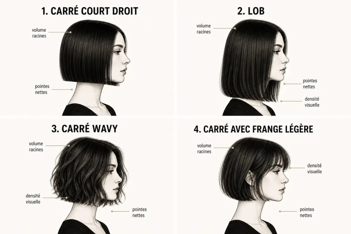 Comparatif des coupes au carré cheveux fins : carré court, lob, carré wavy et carré avec frange légère