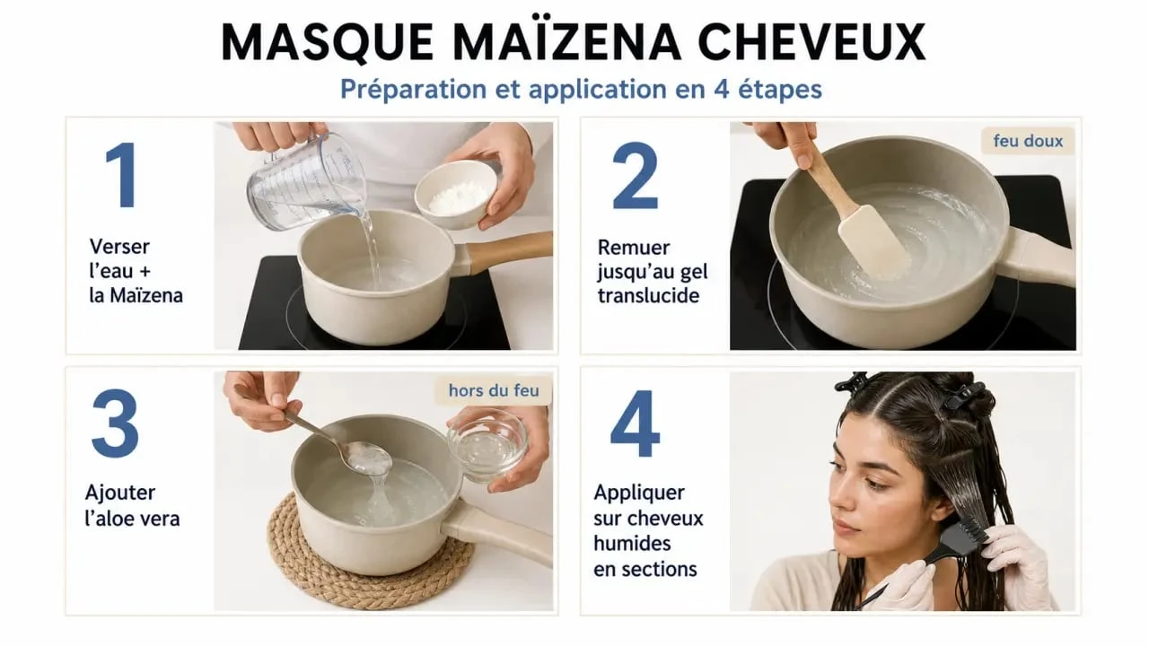 Masque maizena cheveux en quatre étapes de préparation et d’application sur cheveux humides