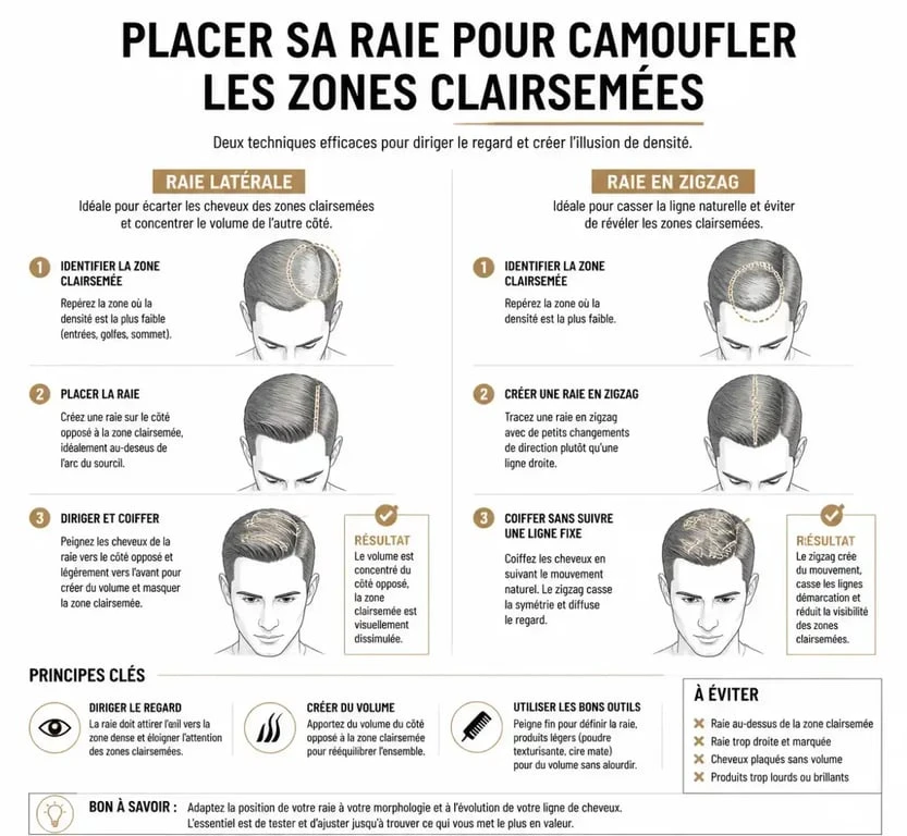 Astuce coiffure raie latérale pour masquer les cheveux clairsemés