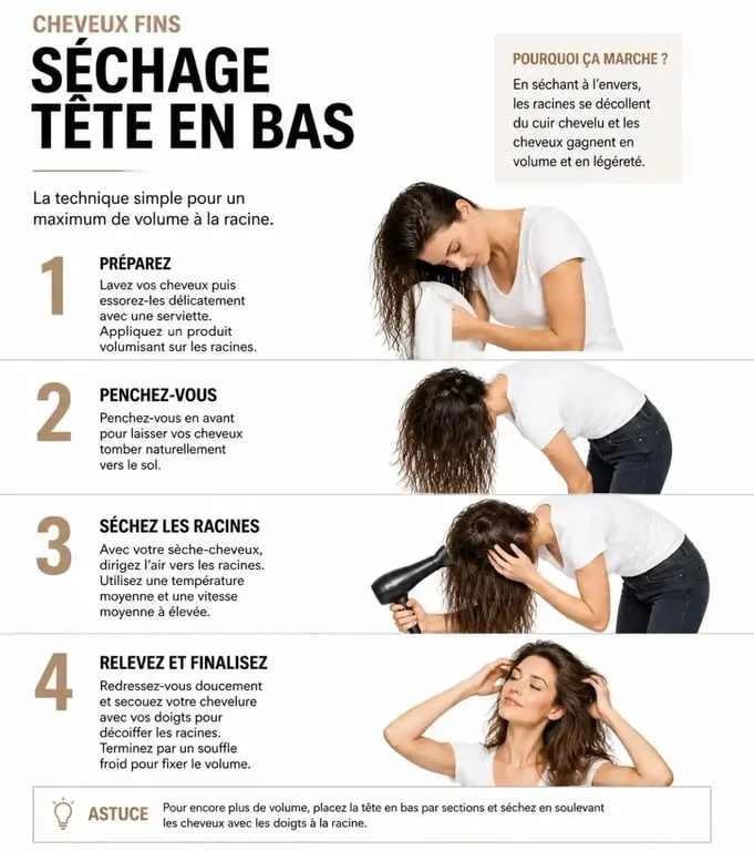 Technique de séchage tête en bas pour booster le volume des cheveux fins
