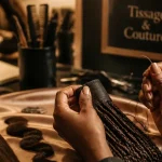 Extension cheveux pour tissage : tresses plaquées sur base textile en atelier
