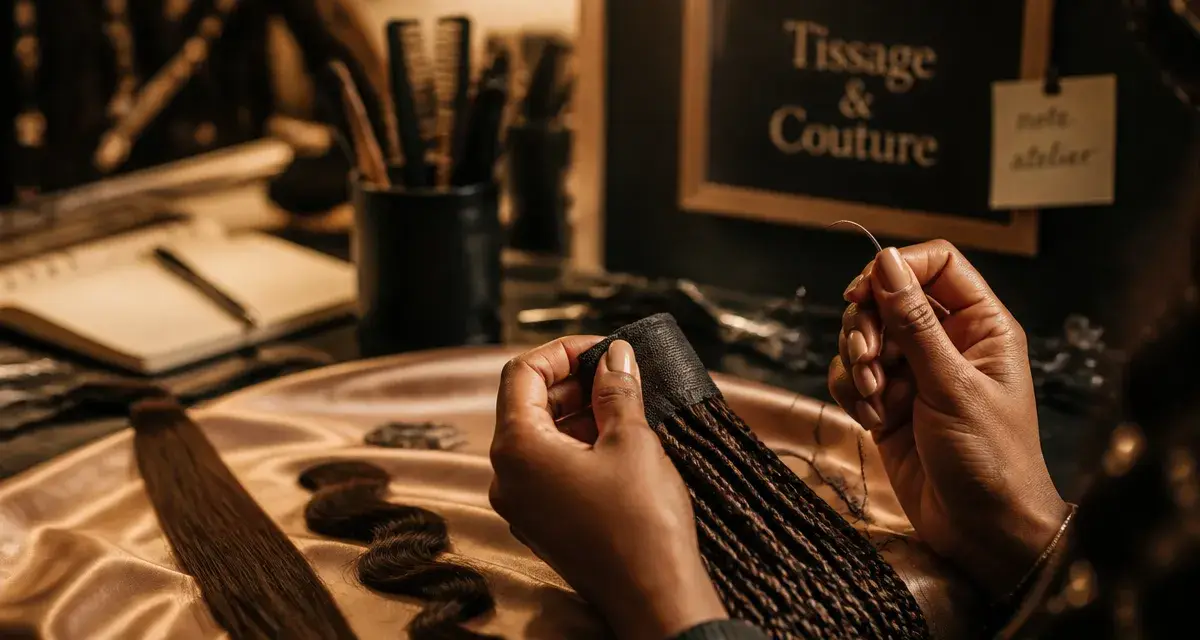 Extension cheveux pour tissage : tresses plaquées sur base textile en atelier