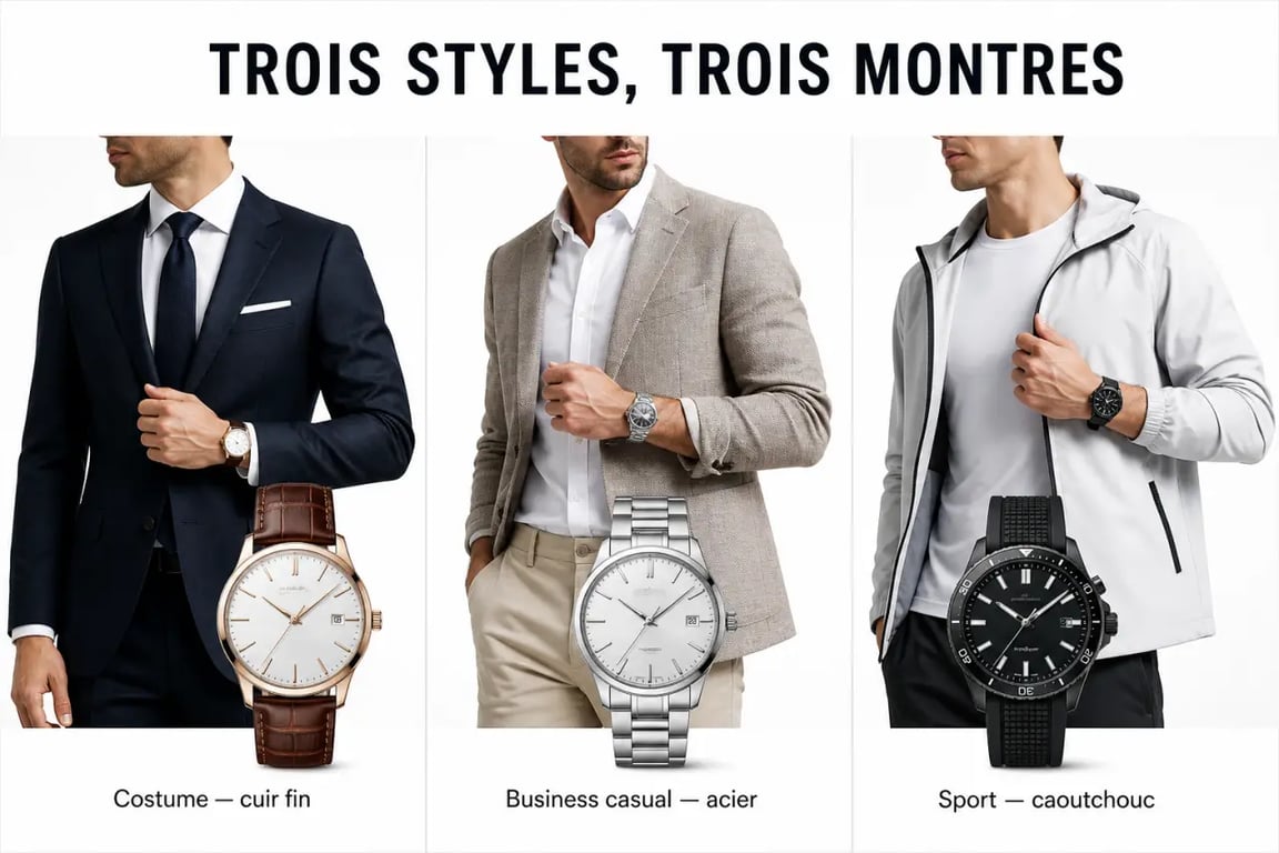 Comment bien choisir sa montre pour sublimer son style vestimentaire : comparaison visuelle entre tenue habillée, business casual et tenue sportive