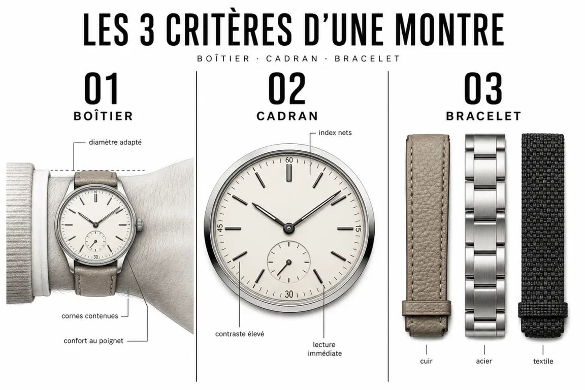 Comment bien choisir sa montre pour sublimer son style vestimentaire : boîtier, cadran et bracelet expliqués visuellement