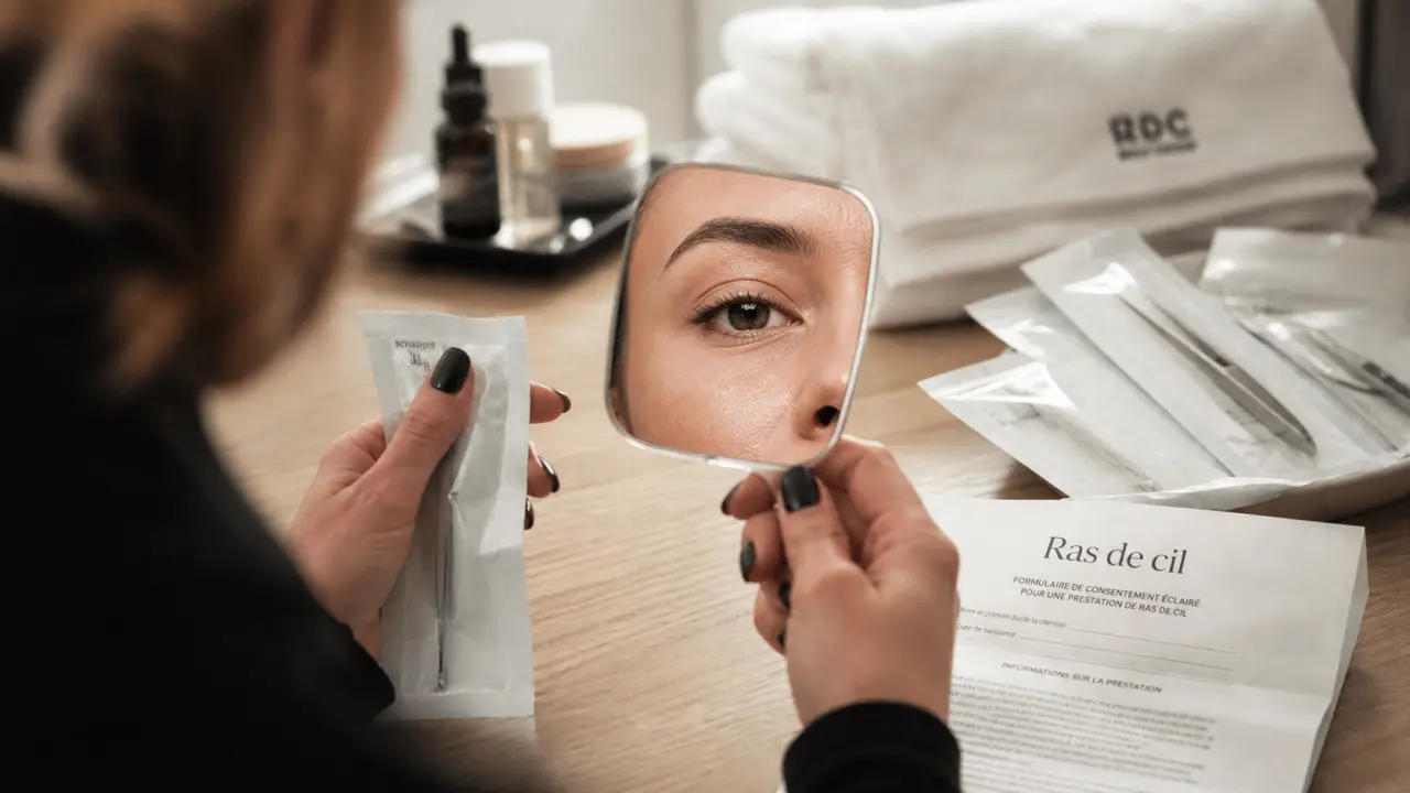 Maquillage yeux semi permanent, ras de cil discret en gros plan sur praticienne et miroir