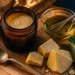 Masque cheveux beurre de karité, beurre de karité et huile sur table bois