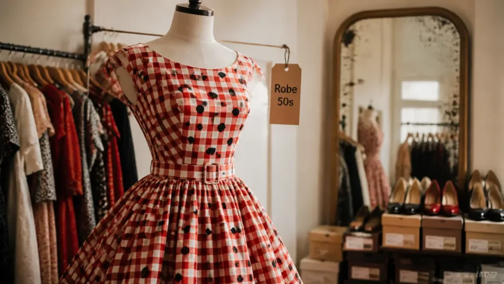 Robe vintage année 50, pois vichy et ceinture vintage
