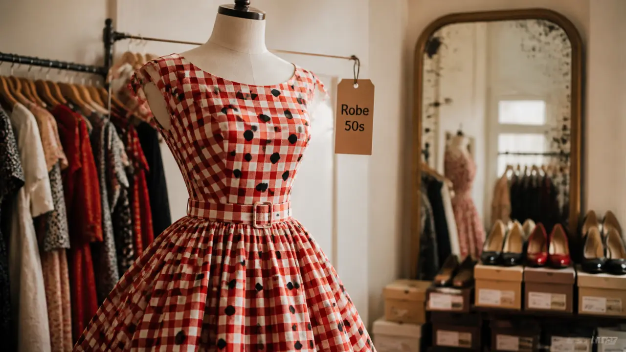 Robe vintage année 50, pois vichy et ceinture vintage