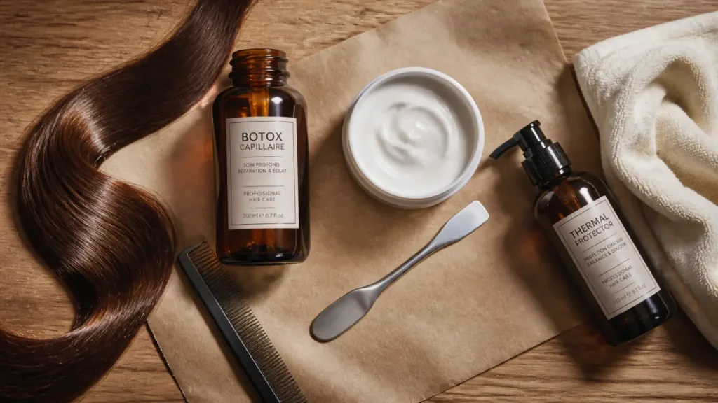 Soin botox cheveux bleu libellule : produits et mèche lissée, contrôle frisottis, chaleur et rinçage partiel