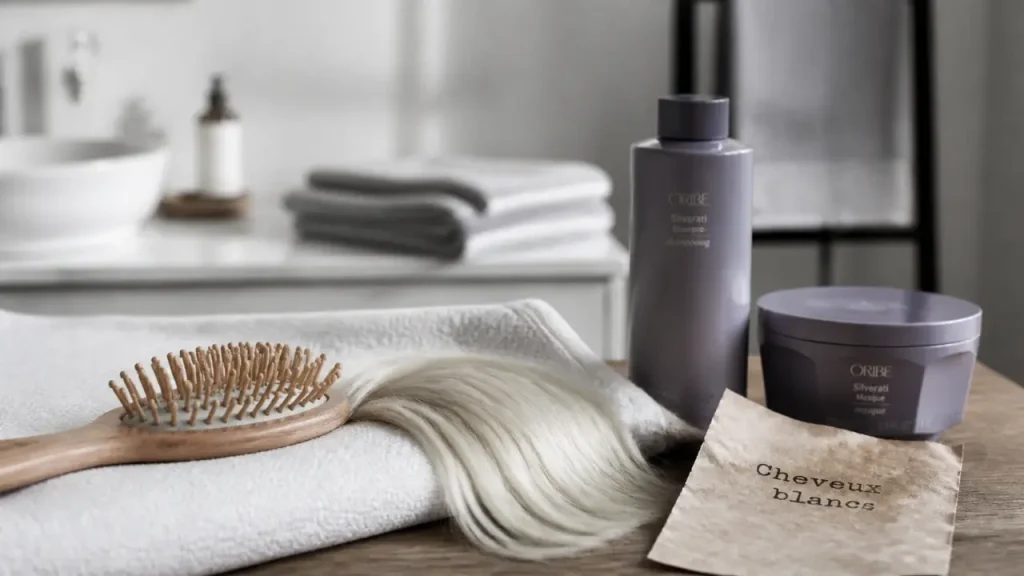 Soin cheveux blancs : shampoing violet neutralise reflets jaunes sans assécher