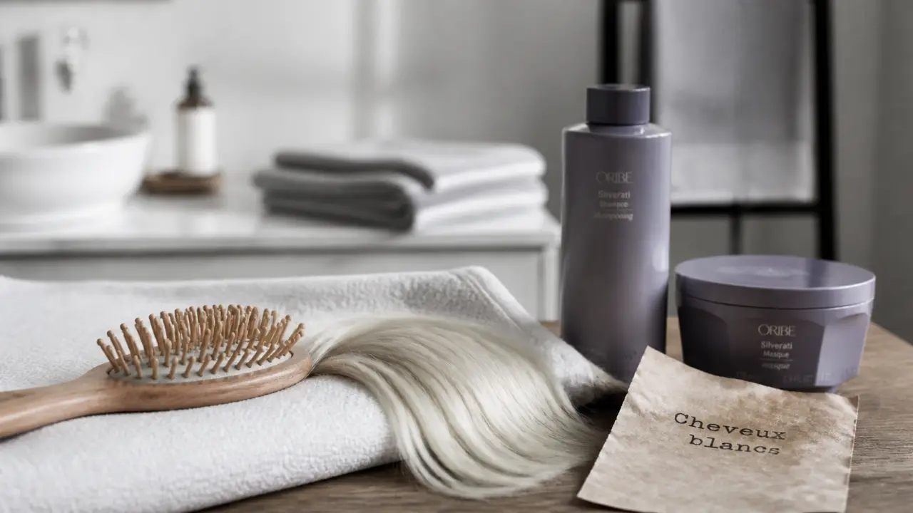 Soin cheveux blancs : shampoing violet neutralise reflets jaunes sans assécher