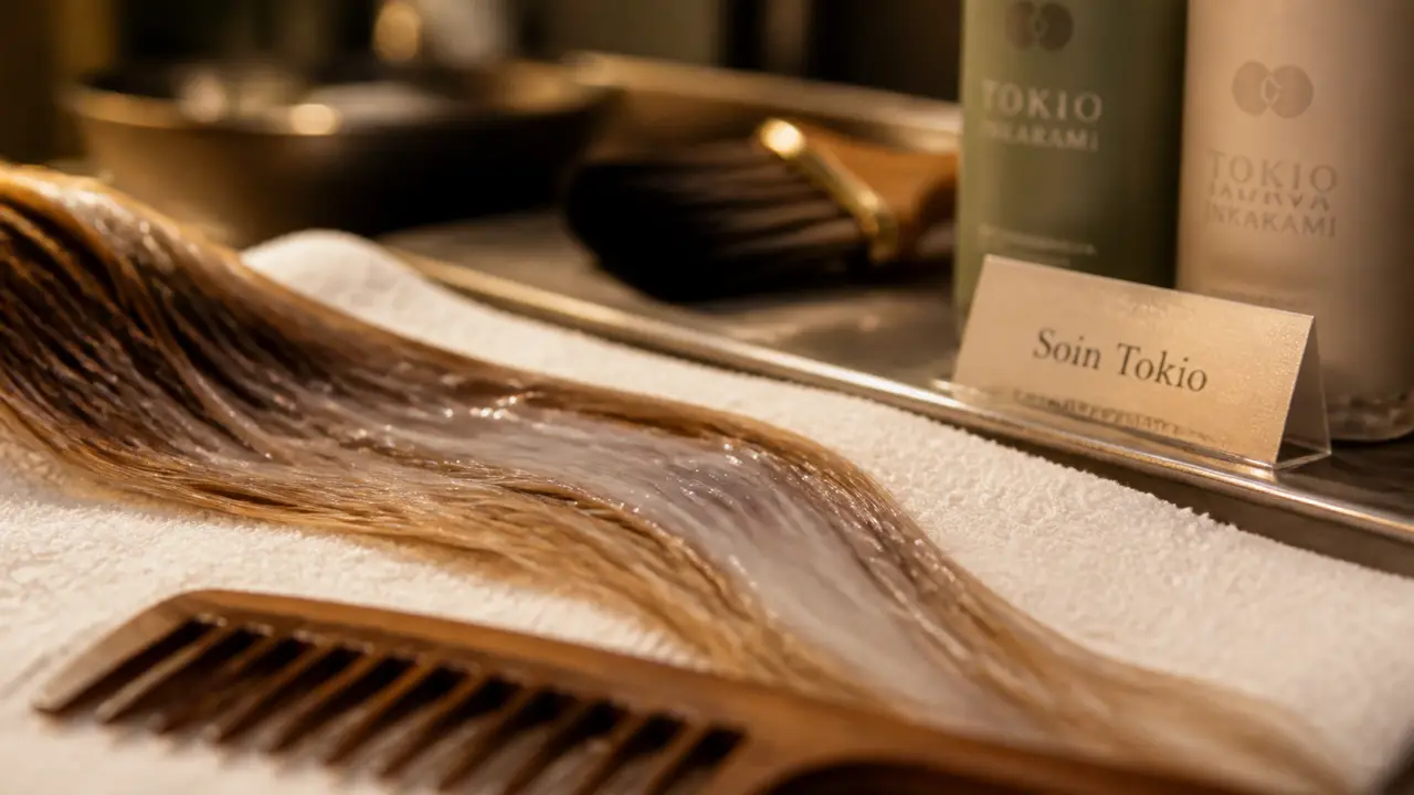 Soin Tokio cheveux en salon : application sur mèche terne et peigne