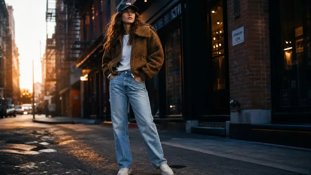 Style américain femme : casual chic urbain New York, veste teddy et jean