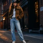 Style américain femme : casual chic urbain New York, veste teddy et jean