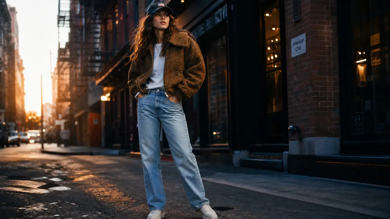 Style américain femme : casual chic urbain New York, veste teddy et jean