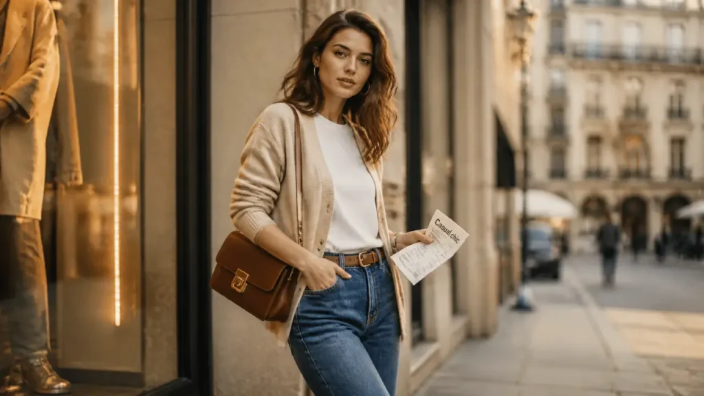 Tenue décontractée femme casual chic : jean, t-shirt, cardigan, baskets