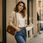 Tenue décontractée femme casual chic : jean, t-shirt, cardigan, baskets