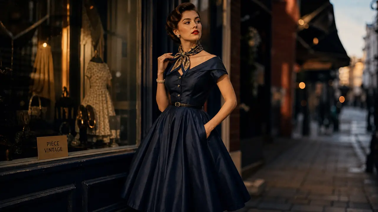 Tenue femme vintage : robe années 50 devant vitrine urbaine