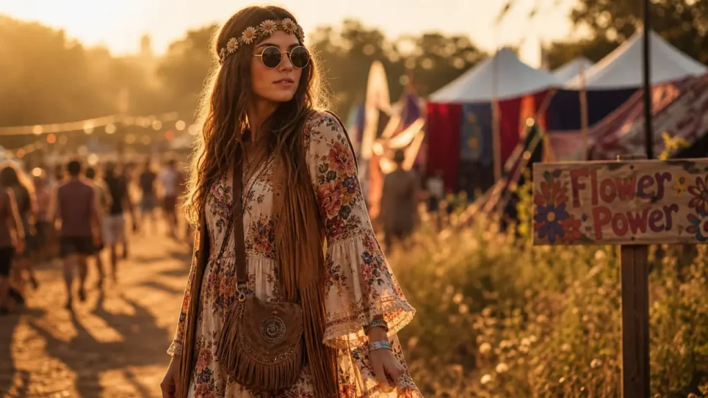 Tenue hippie femme 70’s : robe fluide fleurs, gilet à franges et bandeau