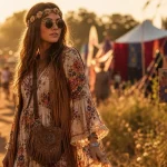 Tenue hippie femme 70’s : robe fluide fleurs, gilet à franges et bandeau