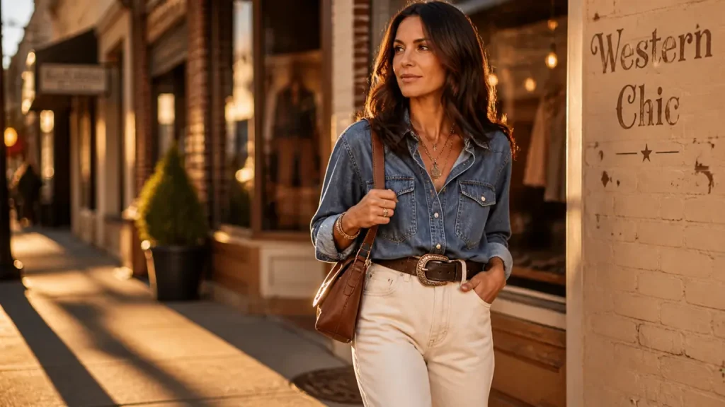 Tenue western femme chic : chemise en jean, santiags camel et sac en cuir