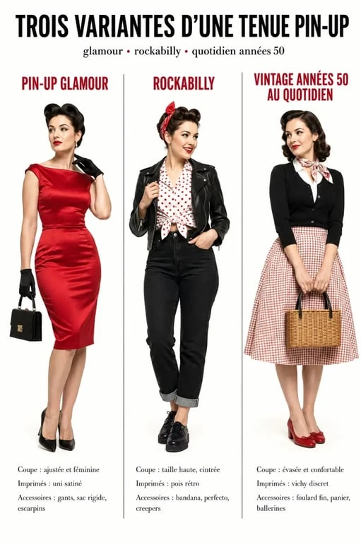 Tenue pin up femme en trois versions : glamour, rockabilly et vintage années 50