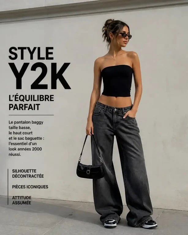 Exemple de tenue Y2K moderne avec un pantalon baggy taille basse et un haut court pour un outfit annee 2000 réussi