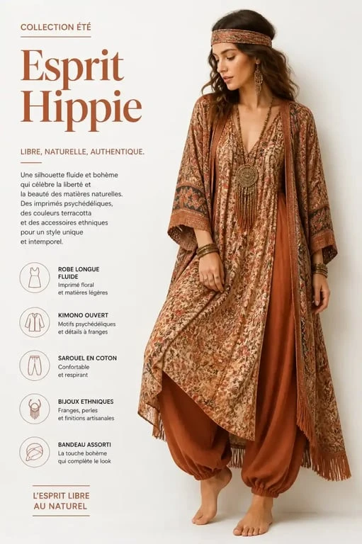 Tenue hippie femme avec robe longue fleurie, kimono et accessoires bohèmes