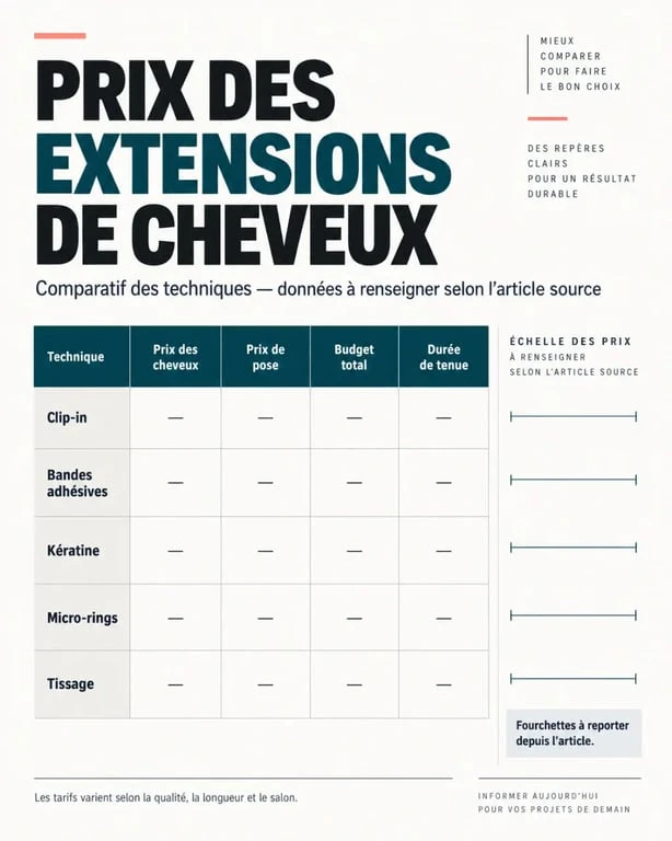 Prix des extensions de cheveux selon la technique, la pose et la durée de tenue