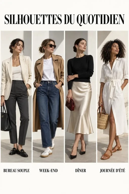 Quatre idées de tenues style casual chic femme pour le bureau, le week-end, le dîner et l'été
