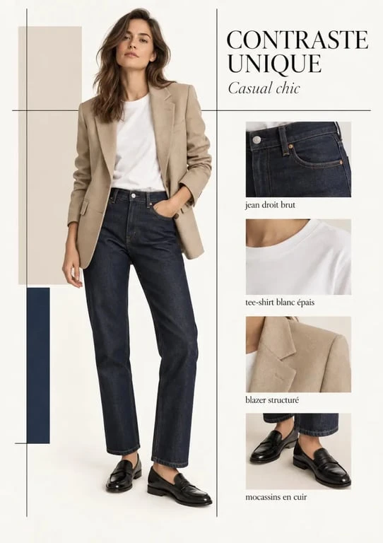 Tenue style casual chic femme avec jean, tee-shirt blanc, blazer beige et mocassins
