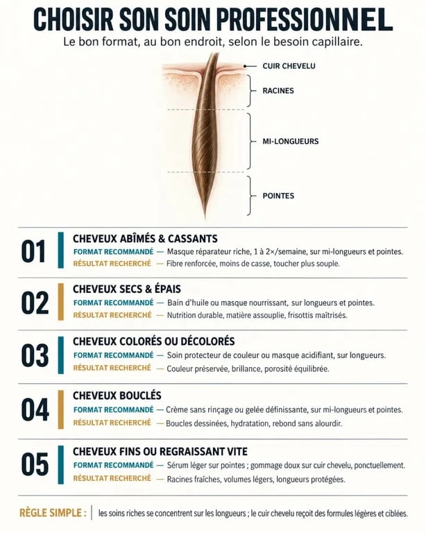 Infographie pour choisir un soin cheveux professionnel selon le type de cheveux et le besoin