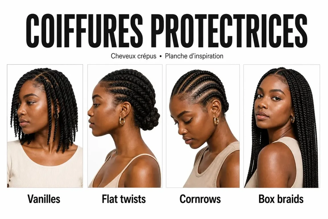 Idée coiffure cheveux crepu : vanilles, flat twists, cornrows et box braids en inspiration visuelle