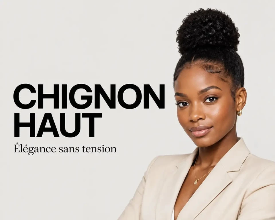 Idée coiffure cheveux crepu : chignon haut élégant pour une occasion chic