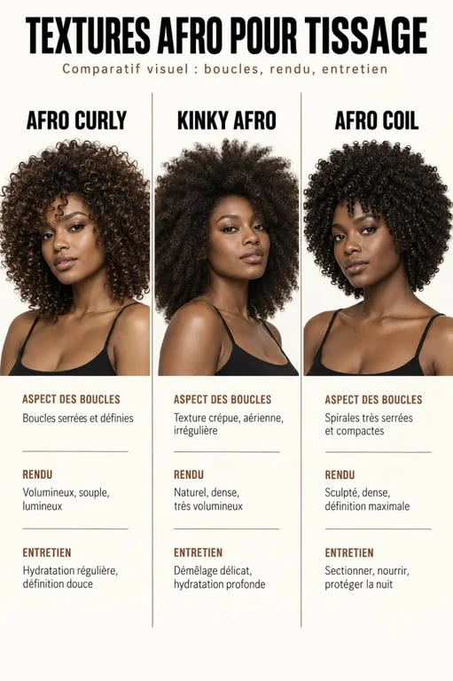 Infographie comparant les textures d'un afro tissage Afro Curly, Kinky Afro et Afro Coil