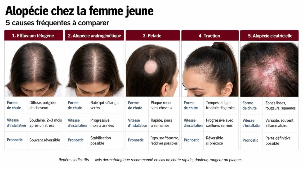 Infographie sur l’alopecie femme jeune : causes, signes et rythme de chute