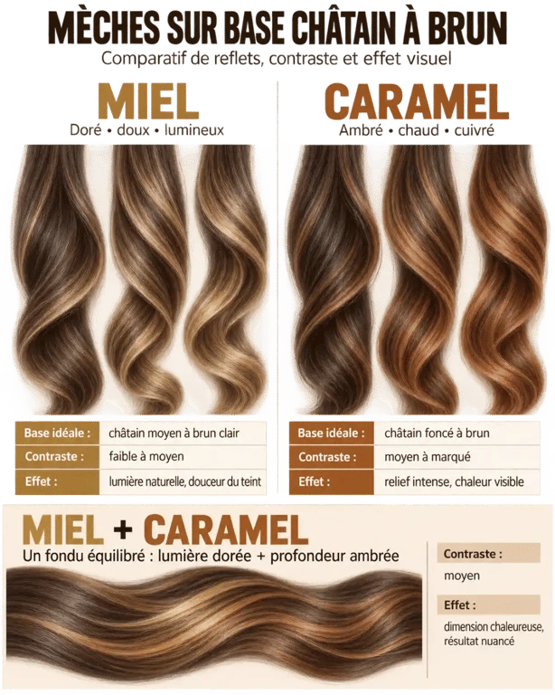 Infographie comparative des mèches miel et caramel sur cheveux châtains à bruns