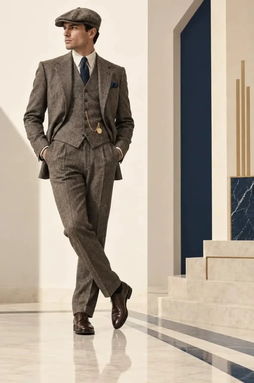 Tenue années 20 homme avec costume trois-pièces et casquette Peaky Blinders