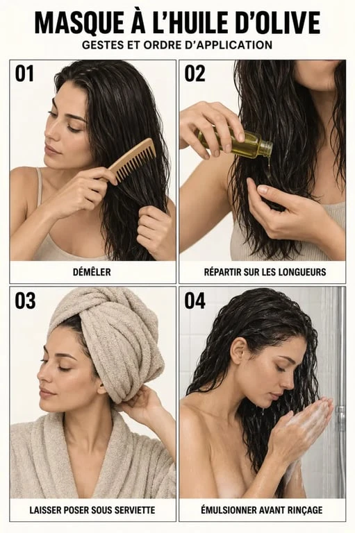 Huile d'olive masque cheveux : étapes d'application, temps de pose et rinçage
