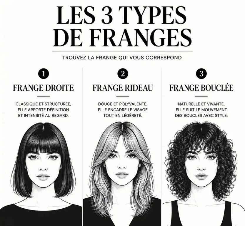 Illustration des différents styles de perruque frange : droite, rideau et bouclée