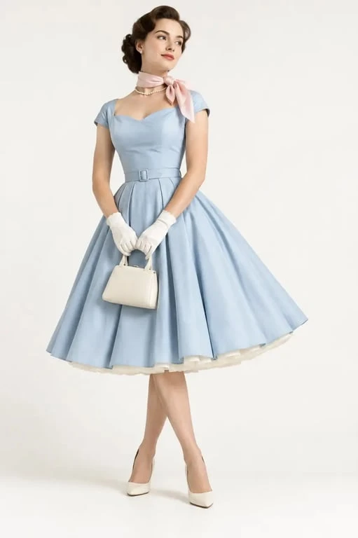 Tenue vêtement année 50 avec robe swing, jupon et accessoires rétro pour une cérémonie