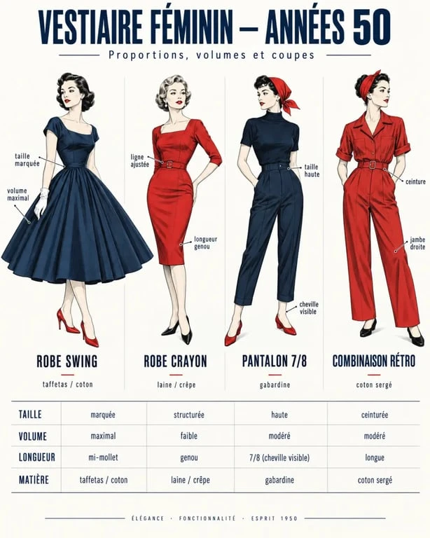 Vêtement année 50 : comparaison entre robe swing, robe crayon, pantalon taille haute et combinaison rétro