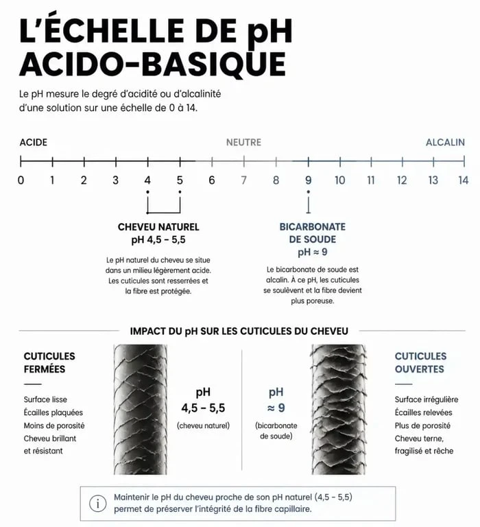 Échelle de pH comparant bicarbonate de soude cheveux et pH naturel du cuir chevelu