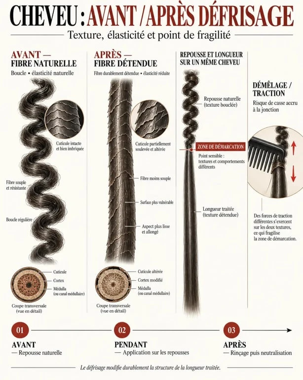 Schéma de la fibre et de la zone de démarcation après un défrisage cheveux