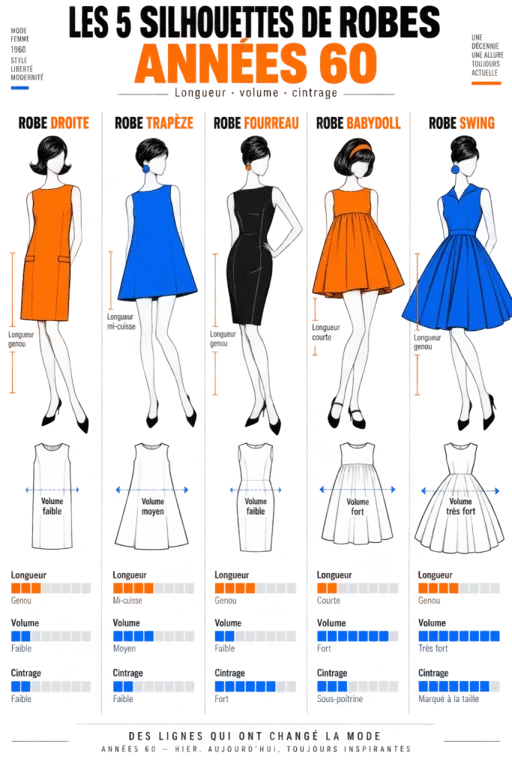 Infographie des coupes de robe des année 60 : droite, trapèze, fourreau, babydoll et swing