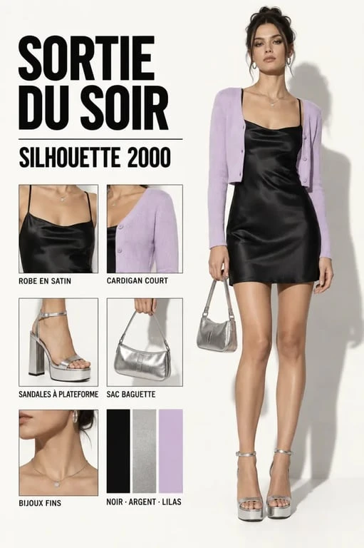 Tenue année 2000 de soirée avec robe nuisette satinée et sandales à plateforme
