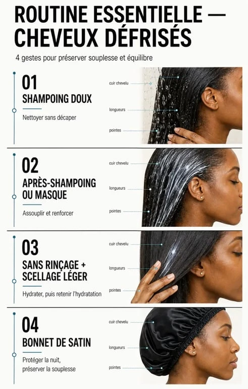 Infographie sur le soin pour cheveux défrisés en quatre étapes